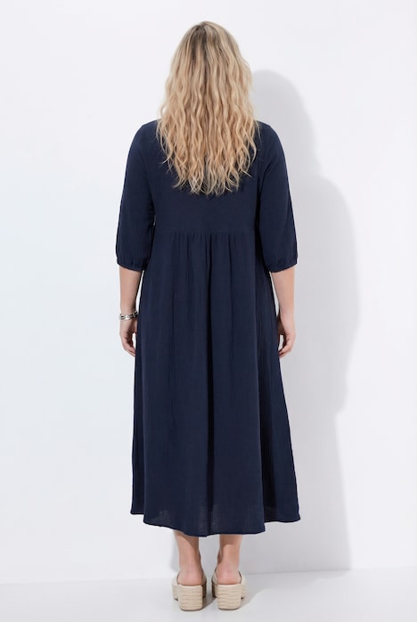 Mušelínové šaty, áčkový střih, V výstřih, dlouhé rukávy