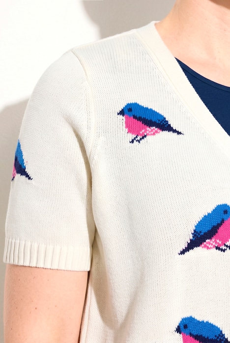 Strikkejakke, fugler, V-hals, korte ermer