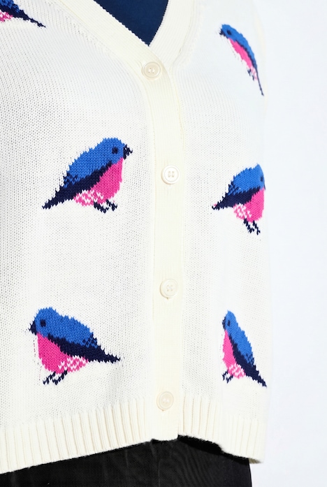 Strikkejakke, fugler, V-hals, korte ermer