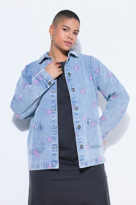 Veste en jean à manches longue, broderie Sun, coupe Boxy Fit