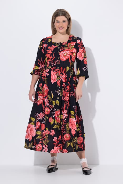 Mousseline jurk, bloemenprint, ronde hals, 3/4-mouwen