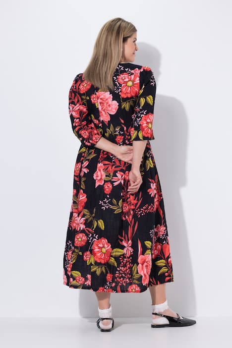 Mousseline jurk, bloemenprint, ronde hals, 3/4-mouwen