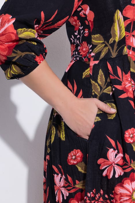 Mousseline jurk, bloemenprint, ronde hals, 3/4-mouwen