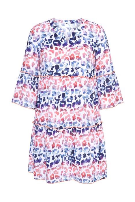 Šaty, áčkový střih, leopardí pruhy, barevné ozdobné volány