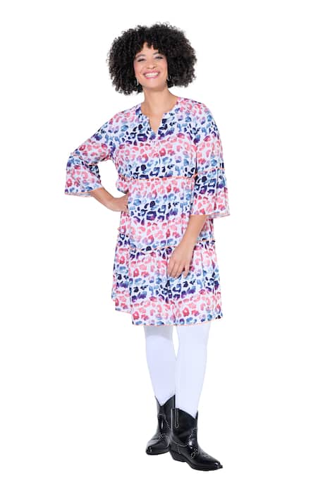 Šaty, áčkový střih, leopardí pruhy, barevné ozdobné volány