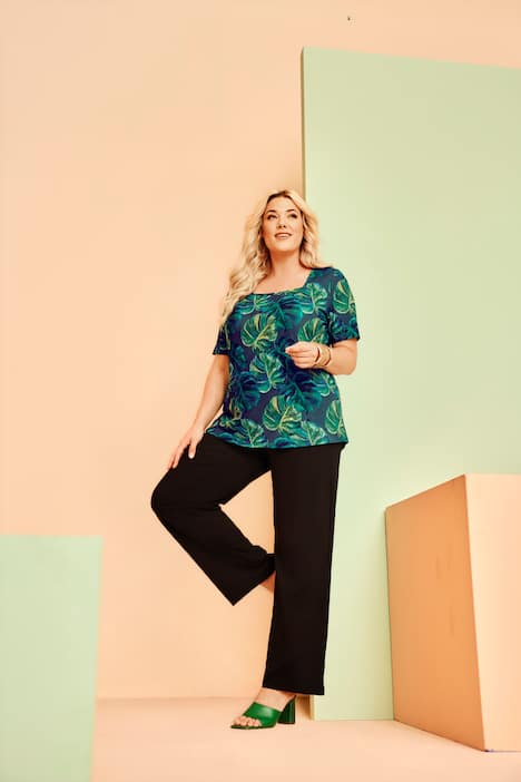 Długa koszulka, liście, trapezowy krój, dekolt karo, rękawy 1/2