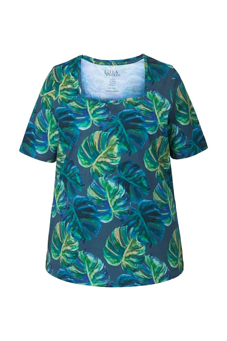 Dlouhé tričko, motiv listů, áčkový střih, hranatý výstřih, polo rukávy