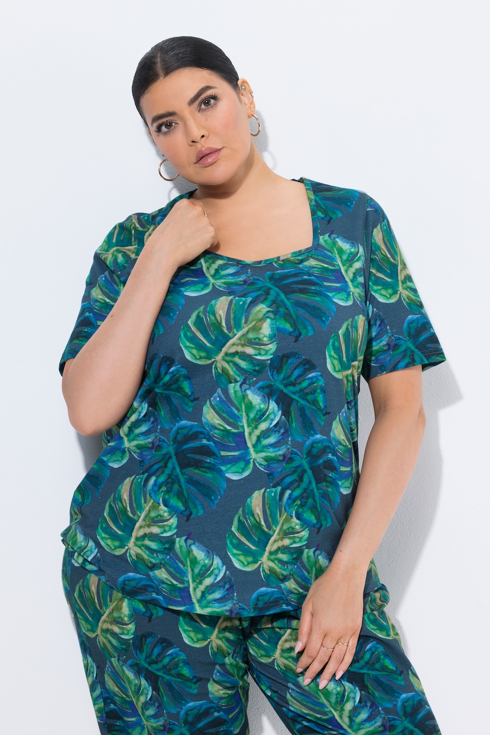 Longshirt, Blätter, A-Linie, Carré-Ausschnitt, Halbarm