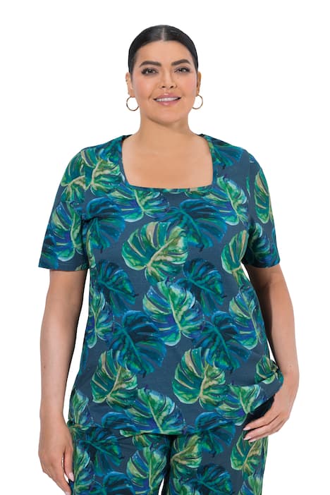 Dlouhé tričko, motiv listů, áčkový střih, hranatý výstřih, polo rukávy