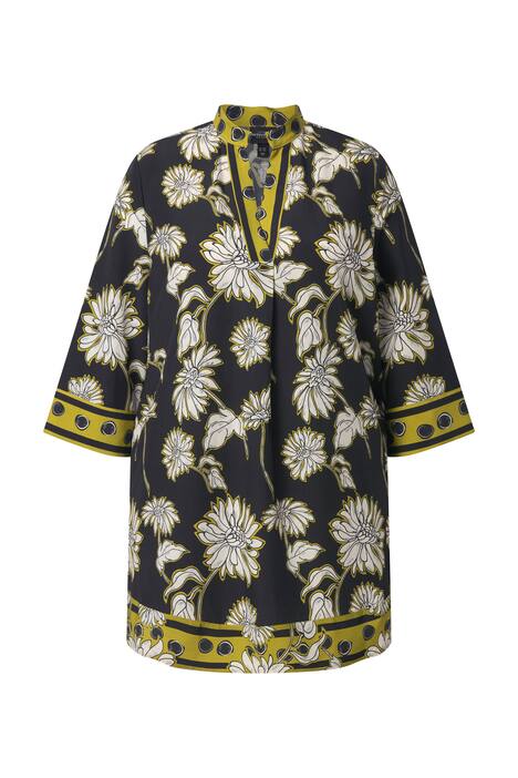 Saténová tunika, květinový vzor, áčkový střih, stojáček, 3/4 rukávy