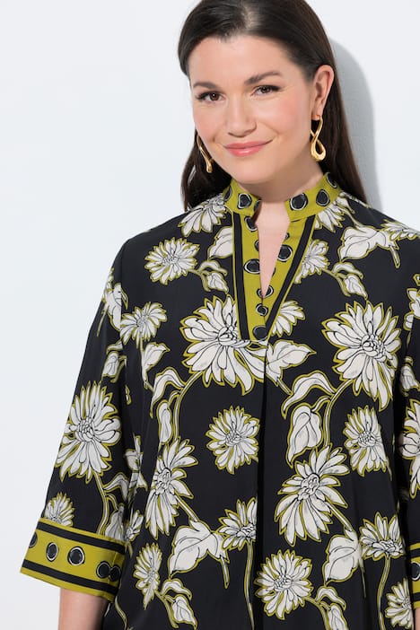 Vibrant Flower Print 3/4 Sleeve Satin Tunic