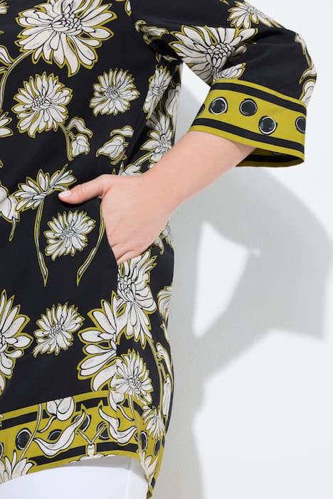 Vibrant Flower Print 3/4 Sleeve Satin Tunic