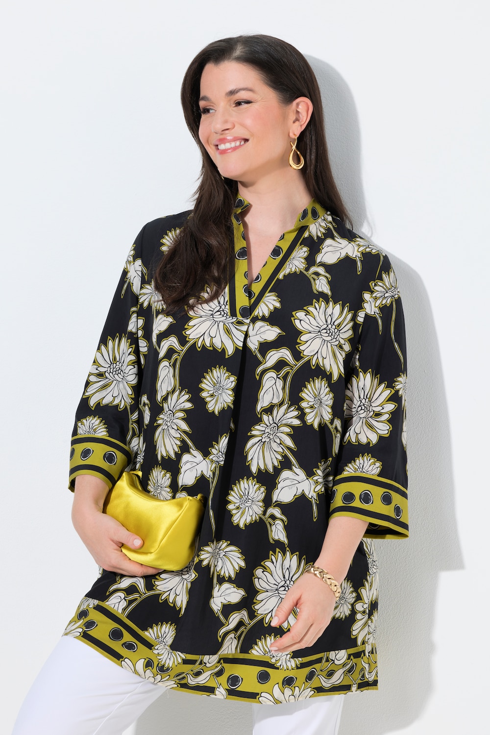 Satijnen tuniek, bloemen, A-lijn, opstaande kraag, 3/4-mouwen