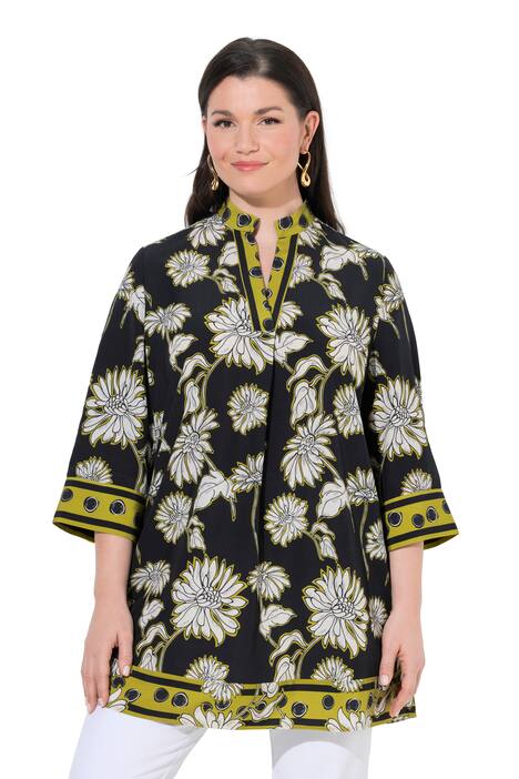 Saténová tunika, květinový vzor, áčkový střih, stojáček, 3/4 rukávy