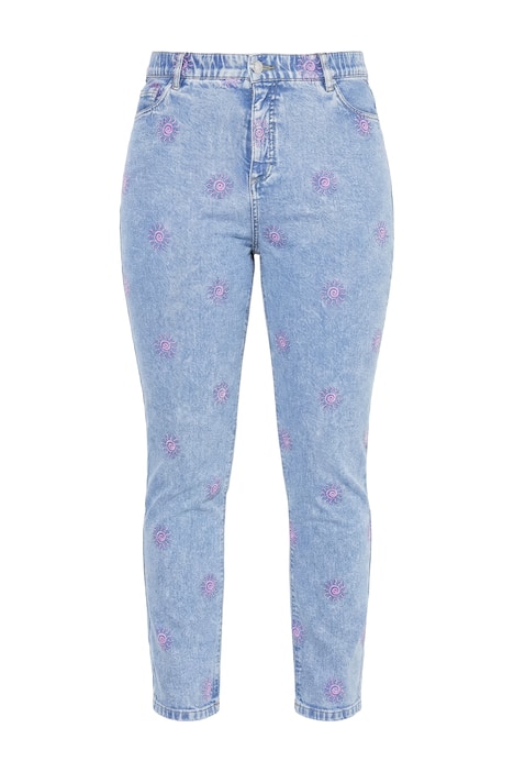 mateřské džíny, strečový denim, celoplošná výšivka s motivem slunce, 5 kapes