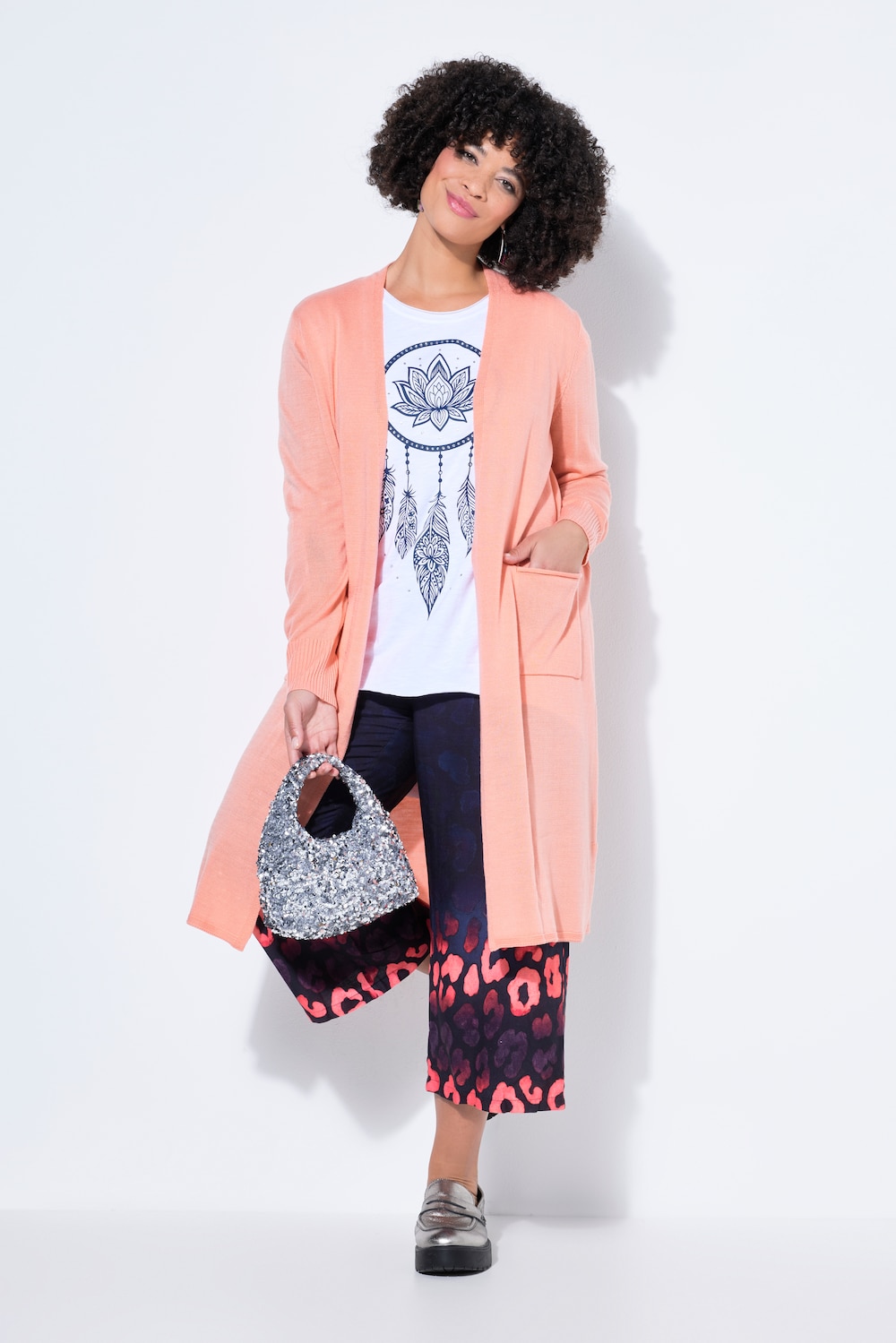 Long-Strickjacke, Straight Fit, offene Form