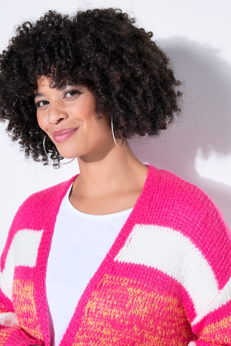 Long-Strickjacke, Straight Fit, offene Form, Ringel