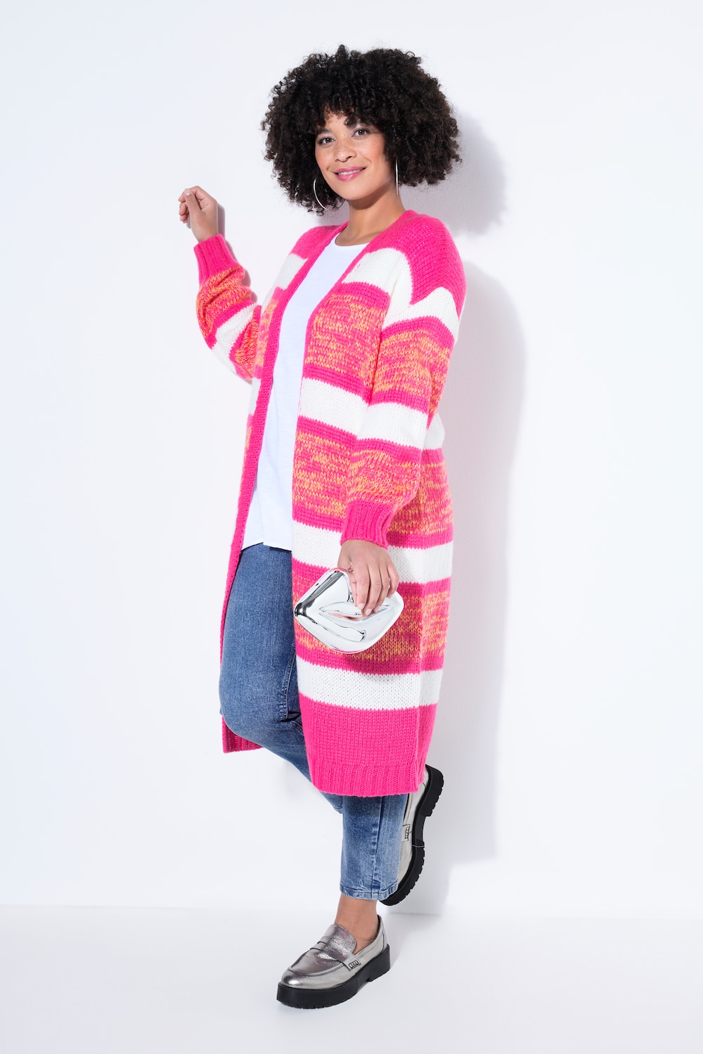 Long-Strickjacke, Straight Fit, offene Form, Ringel