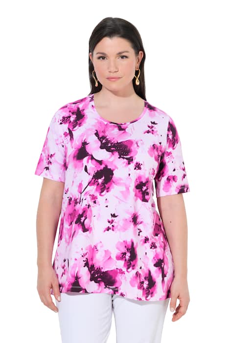 Tričko, květinový vzor, kulatý výstřih, polo rukávy, bavlna Pima