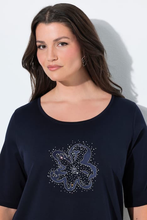 T-shirt en coton Pima, broderie avec petits strass, col rond et manches courtes