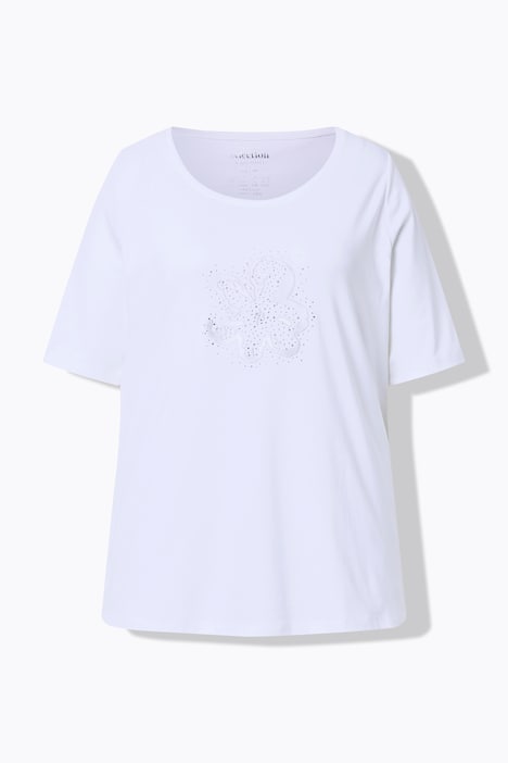 T-shirt en coton Pima, broderie avec petits strass, col rond et manches courtes