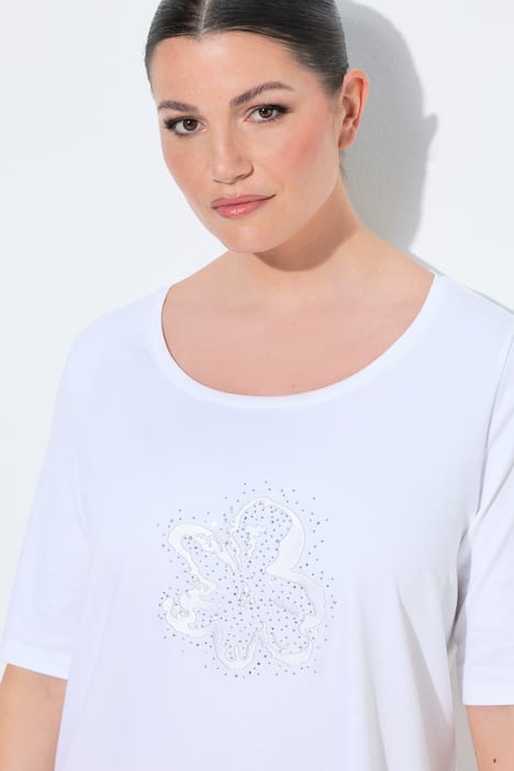 T-shirt en coton Pima, broderie avec petits strass, col rond et manches courtes