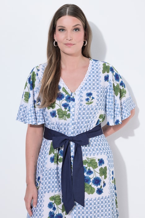 Floral Check Button-Down Short Sleeve Dress