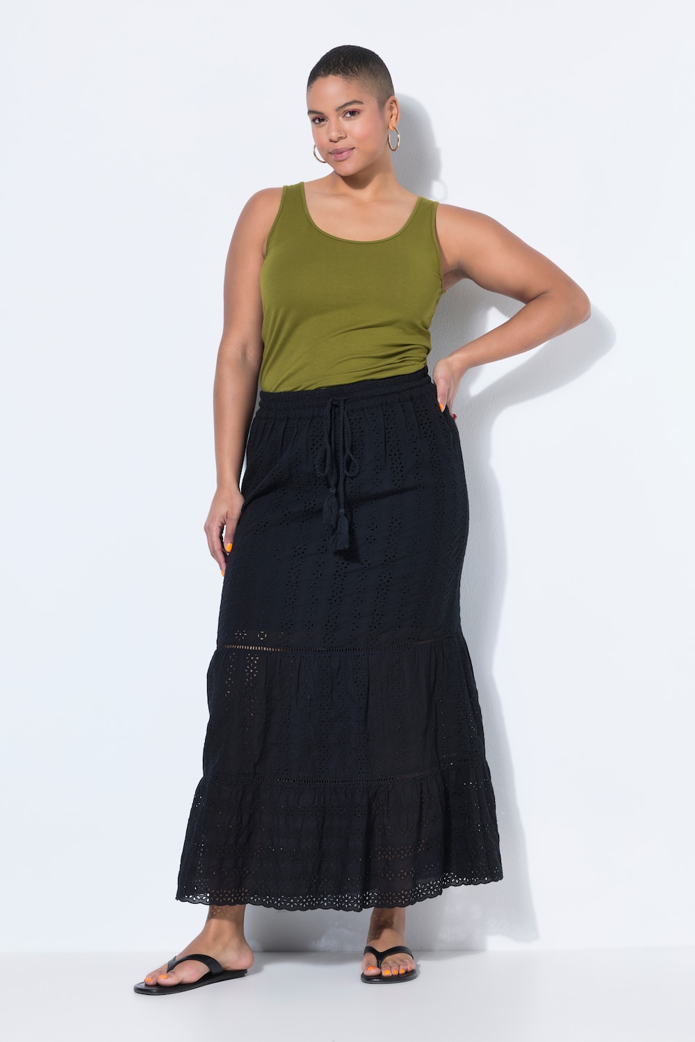 Spitzenrock, A-Linie, Maxilänge, Elastikbund, Volants