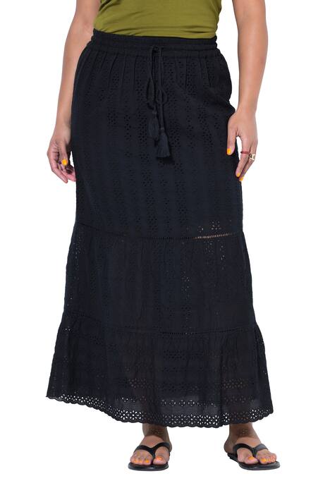 Krajková sukně, áčkový střih, maxi délka, elastický pas, volánky