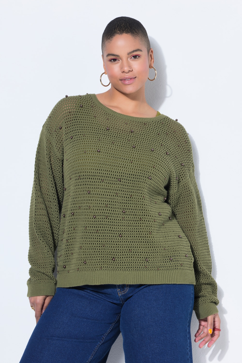 Pullover, Boxy Shape, Lochstrick, Zierperlen, Langarm