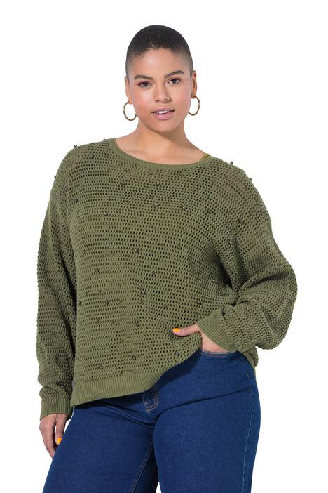 Pulovr, boxy střih, dírkovaný úplet, ozdobné korálky, dlouhé rukávy