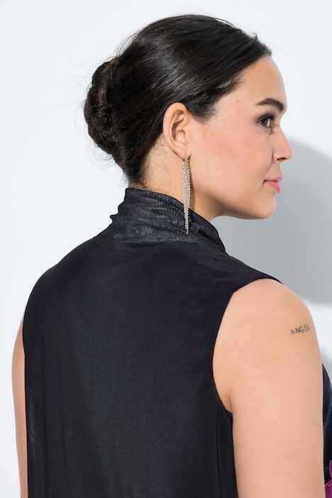 Blouse doublée sans manches, col montant et motif floral, coupe évasée