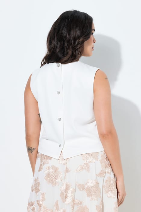 Scuba-top, glinsterende knopen, boxy, ronde hals, mouwloos