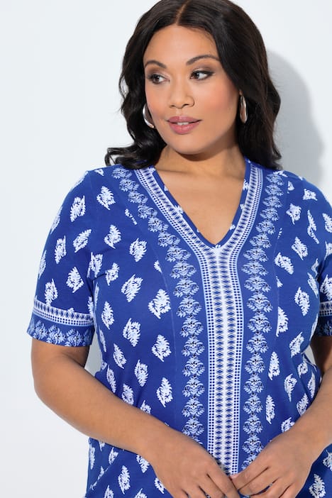 Midikleid, Ethnomuster, V-Ausschnitt, Halbarm