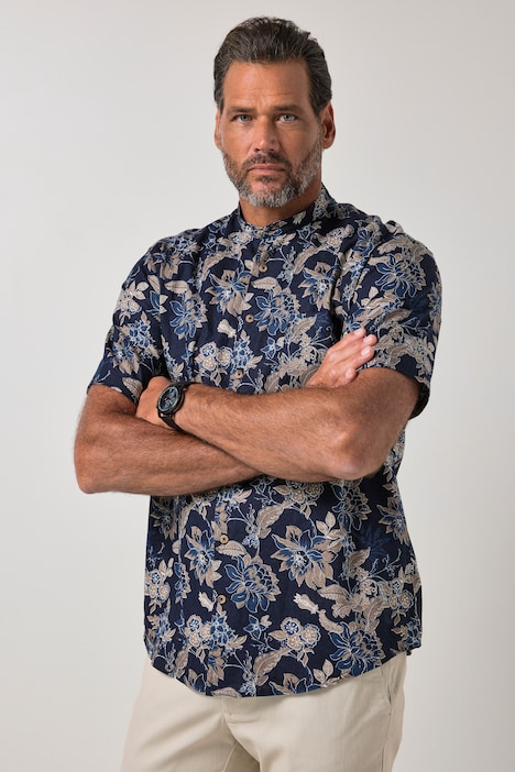 Chemise en lin mélangé, motif à fleurs, col officier et manches courtes, coupe Modern Fit - jusqu'au 8 XL