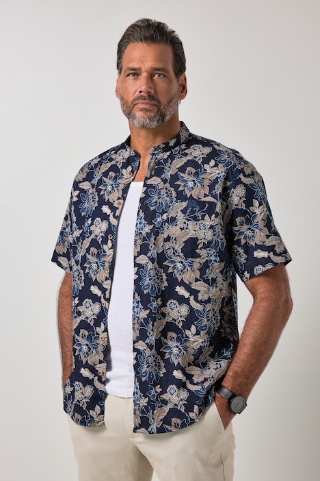Overhemd, korte mouwen, linnenmix, bloemmotief, opstaande kraag, modern fit, tot 8XL