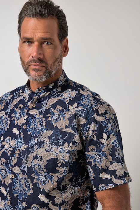 Overhemd, korte mouwen, linnenmix, bloemmotief, opstaande kraag, modern fit, tot 8XL