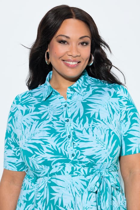 Abito midi dal taglio svasato con foglie, colletto da camicia e mezze maniche