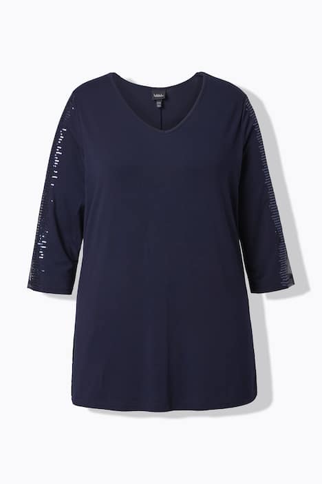 Longshirt, Mesh-Einsatz, Pailletten, V-Ausschnitt, 3/4-Arm