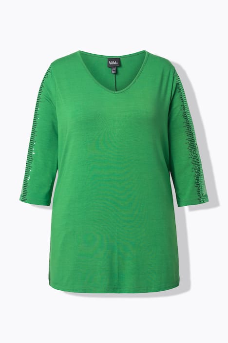 Longshirt, Mesh-Einsatz, Pailletten, V-Ausschnitt, 3/4-Arm