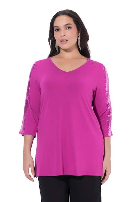 dlouhé tričko, síťovaná vsadka, flitry, V-výstřih, 3/4 rukáv