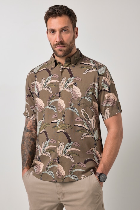 Hemd, Halbarm, Viskose, Alloverdruck, Buttondown-Kragen, Modern Fit, bis 8 XL