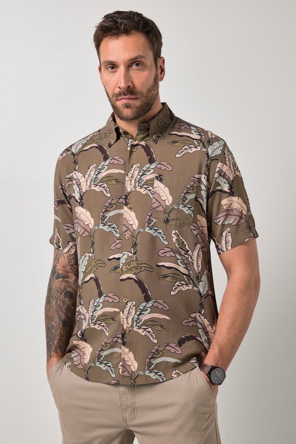 Hemd, Halbarm, Viskose, Alloverdruck, Buttondown-Kragen, Modern Fit, bis 8 XL