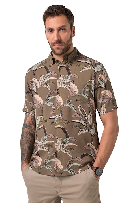 Košile, krátké rukávy, syntetické hedvábí, celoplošný potisk, límeček na knoflíky, moderní střih, do velikosti 8XL