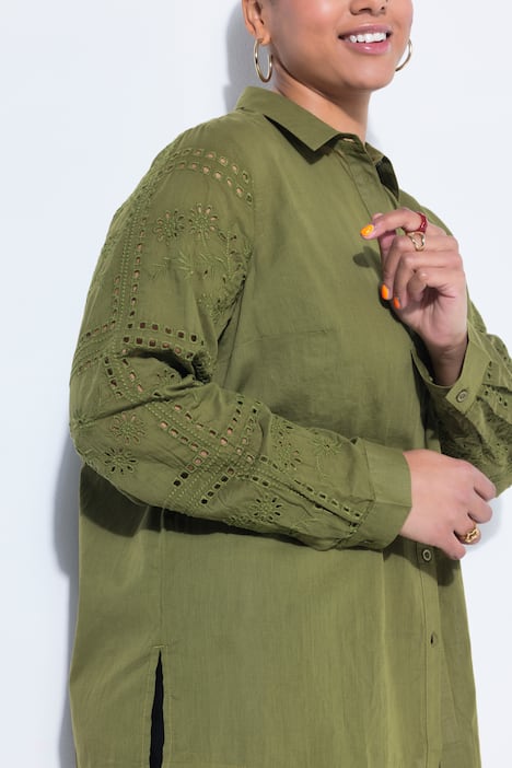 Hemdbluse, Straight Shape, Stickerei, Langarm