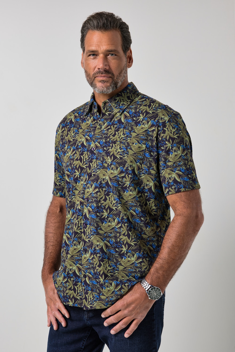 Piqué-Hemd, FLEXNAMIC®, Halbarm, Alloverprint, verdeckter Buttondown-Kragen, Modern Fit, bis 8 XL