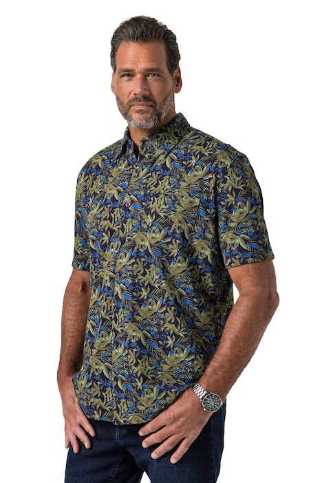 Piqué košile, FLEXNAMIC®, krátké rukávy, celoplošný potisk, přehnutý košilový límec s knoflíky, moderní střih, do velikosti 8XL