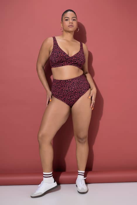 Top del bikini con coppe morbide, design leopardato colorato e drappeggio