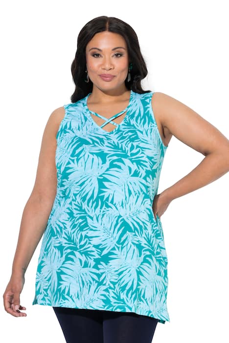 Dlouhý top, listy, ozdobné stuhy, V výstřih, bez rukávů