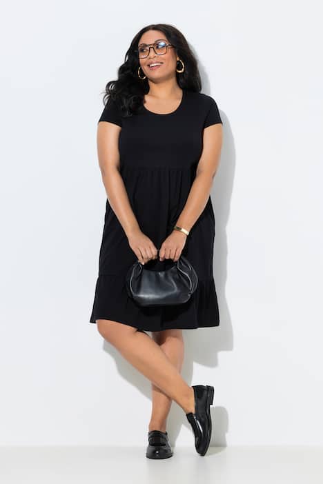 Jersey jurk, A-lijn, ronde hals, halflange kapmouwen, zakken